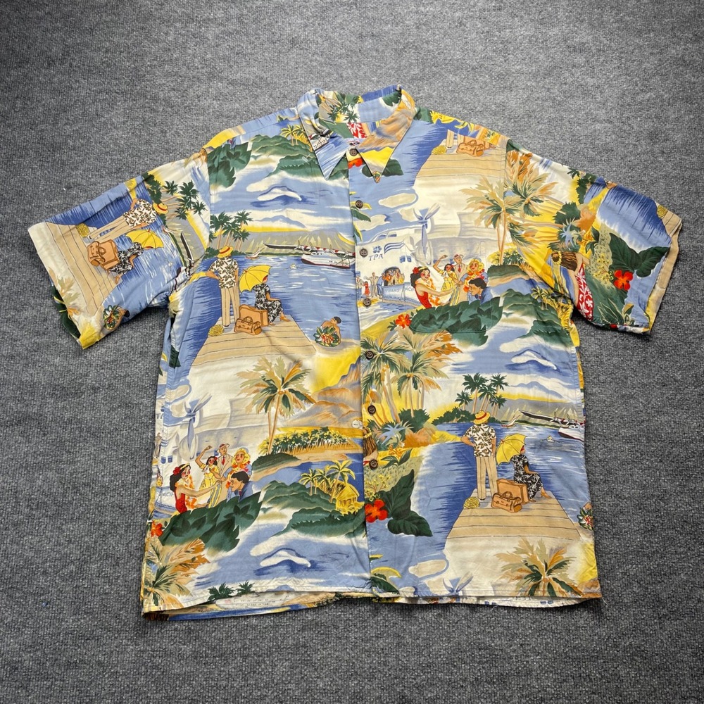 Reyn Spooner Hawaiian Shirt XL Blue Trans Pacific Seaplane Rayon Aloha Camp